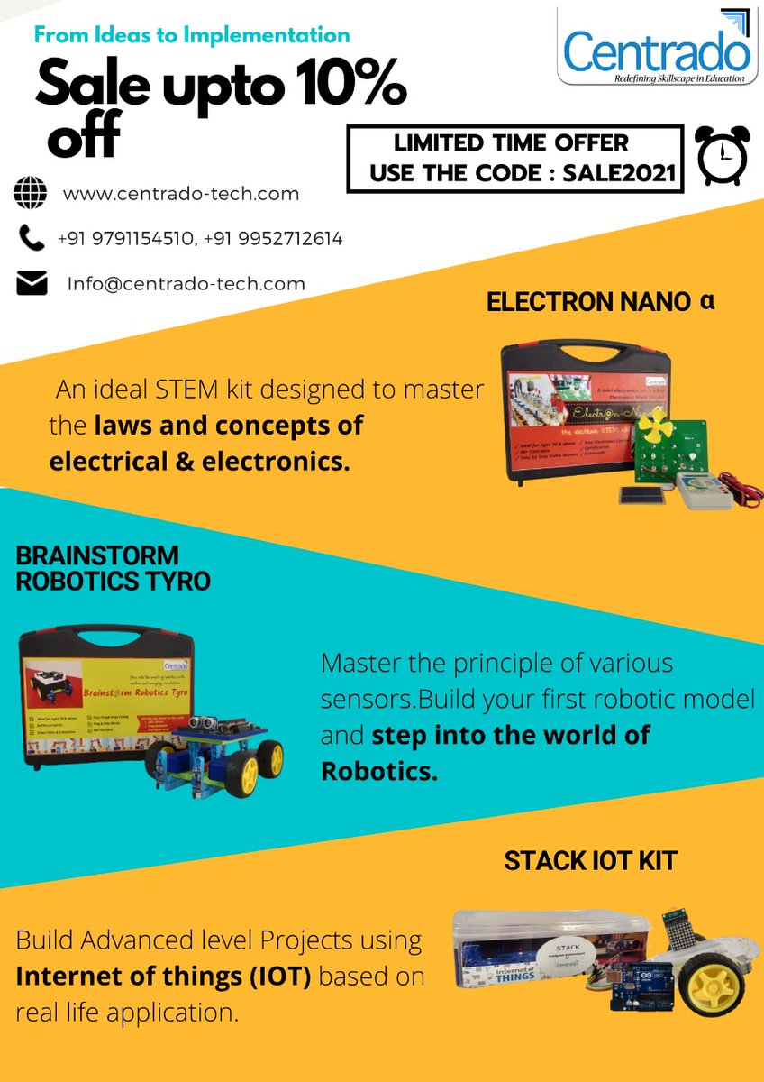 CentradoTech's tweet photo. Feeling lucky? You should be -- we're offering additional 10% off on our flagship STEM kits. Use the coupon code : SALE2021
Go to our site to place your order. Check out the link given below.
https://t.co/MVhNDG3swX
Happy tinkering..!! https://t.co/iZAtkeYPpv