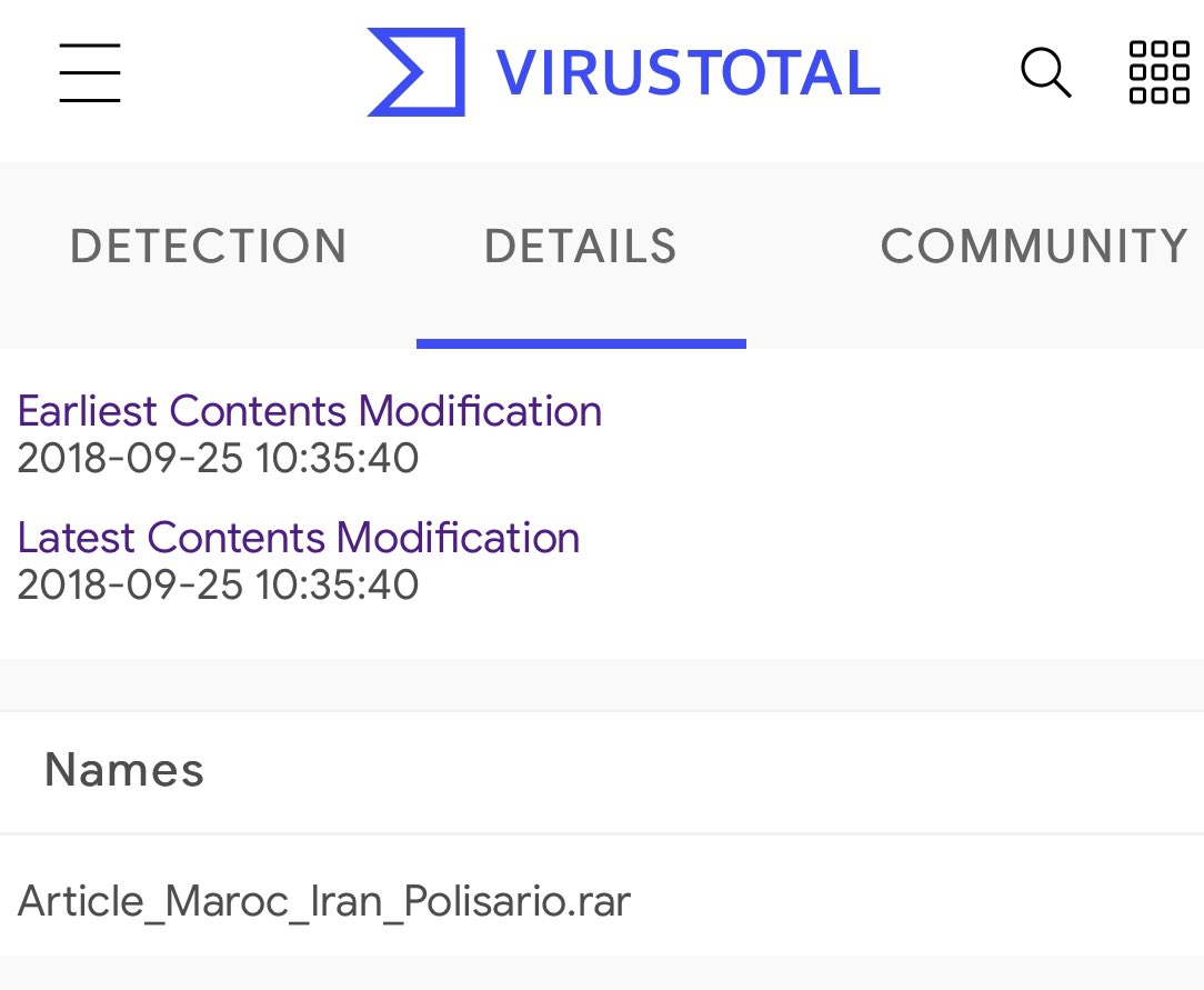 3XS0's tweet image. The Western Sahara topic was used in #HackingTeam malware in 2018:
virustotal.com/gui/file/d485e…
virustotal.com/gui/file/240a4…