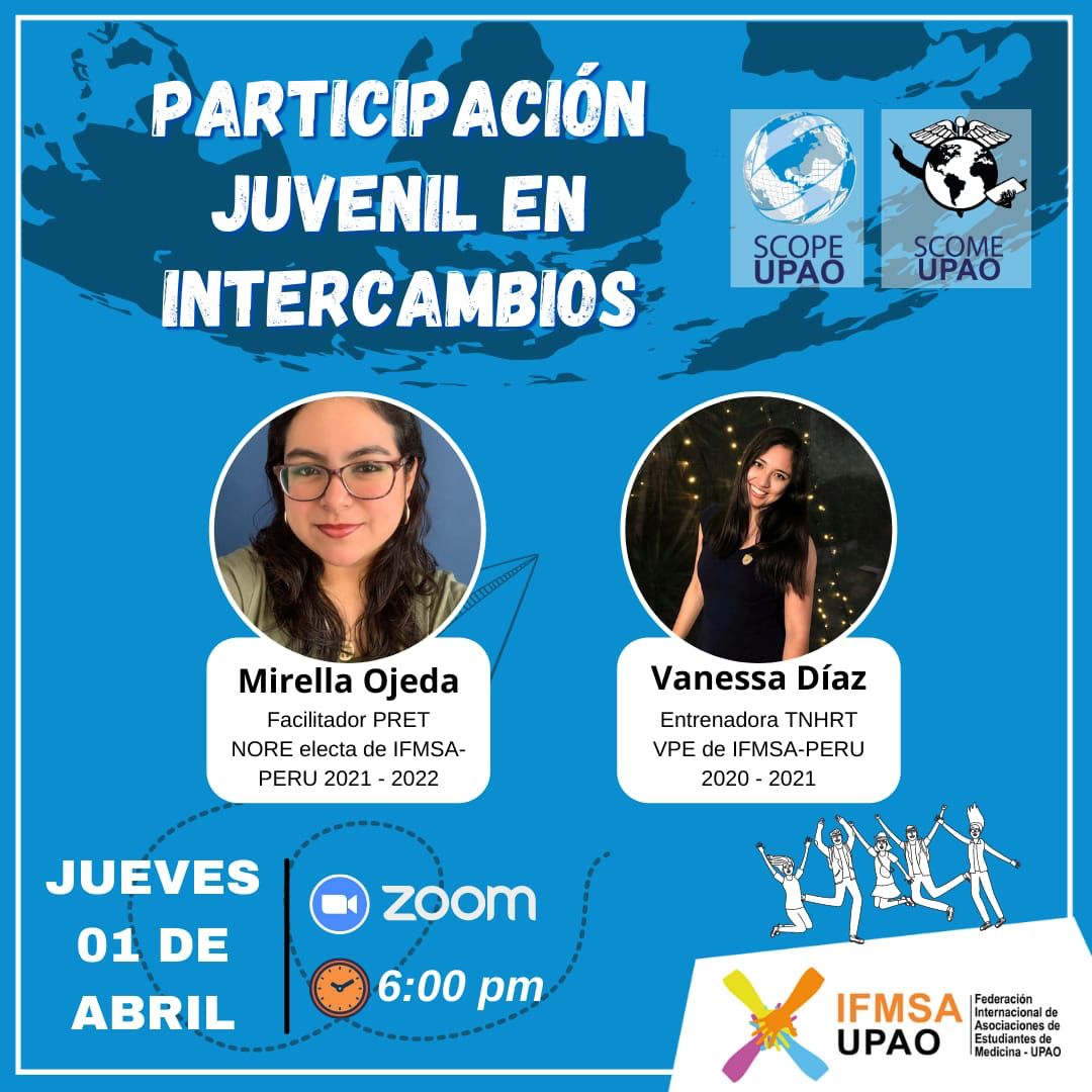 IFMSAUpao's tweet photo. Estimados IFMSA lovers y público en general.

Esperemos que se encuentren muy bien. Continuando con las actividades previas al ciclo 2021-1.
Les traemos la siguiente actividad:

PARTICIPACIÓN JUVENIL EN INTERCAMBIOS

Que estará a cargo de…
https://t.co/qWRve1zX9M https://t.co/c421n961mv