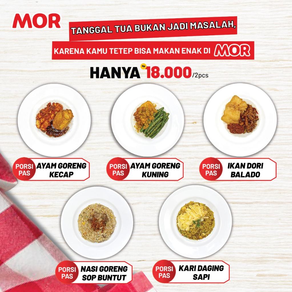 MORStore's tweet photo. Hai #ParaMOR apa menu makan siang kamu hari ini? Masih bingung? Buruan ke MOR karena ada banyak pilihan menu Porsi Pas cuma Rp 18.000 udah dapet 2 Porsi Pas lho, kalau bisa 2 kenapa harus 1? Jadi menu Porsi Pas mana yang kamu pilih untuk makan siang hari ini? #MORPromo #MORStore https://t.co/j7lH4fKZpD