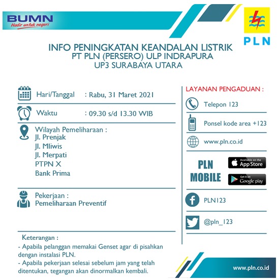 #InfoPLN: Rabu besok (31/3/2021) ada agenda pemeliharaan jaringan listrik di lokasi-lokasi berikut: (odp-rt)
