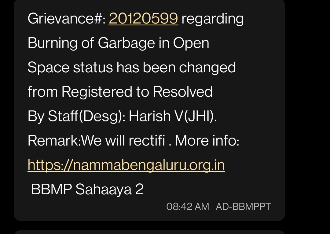 jatink1990's tweet photo. @singhalsumeet @BBMPSWMSplComm @BBMPAdmn @BBMPCOMM Below is what happens when we raise a ticket. Marked to resolved without any resolution. No responsibility taken by department to keep the city clean! Citizens raise valid concerns and its all in vain! @BBMPCOMM @BBMPSWMSplComm  @SwachhBharatGov https://t.co/UY84NP79M5