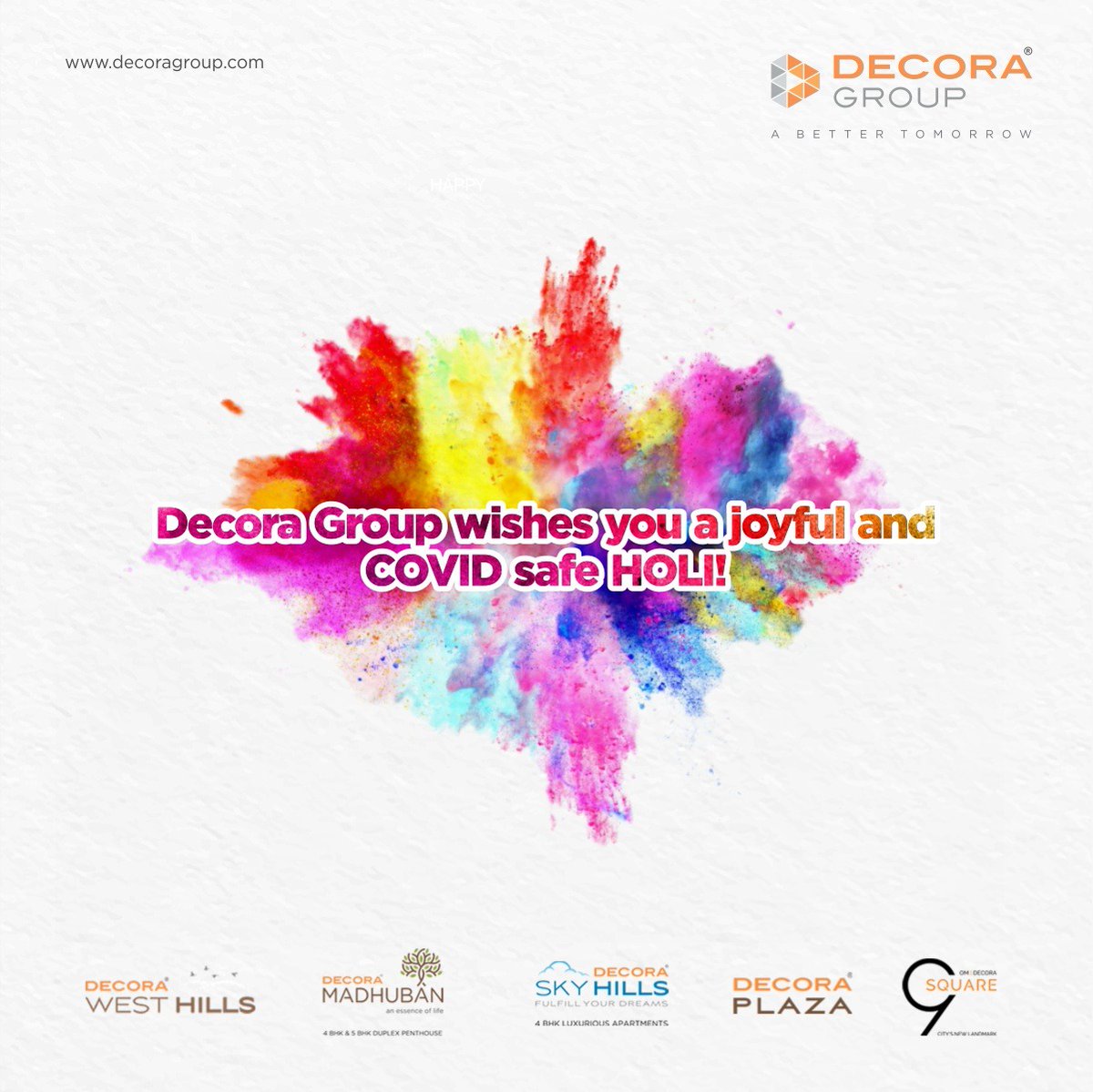 decoragrp's tweet photo. Here’s wishing you a Holi filled with sweet moments and colorful memories to cherish forever.
Happy Holi…!
#DecoraGroup #RealEstate #ABetterTomorrow  #Apartmens #Holi #HappyHoli #HoliFestival #FestivalOfColours #Holi2021 #ColourfulHoli #StayHomeStaySafe #Coronavirus #COVID19 https://t.co/enb6Fw0PK3