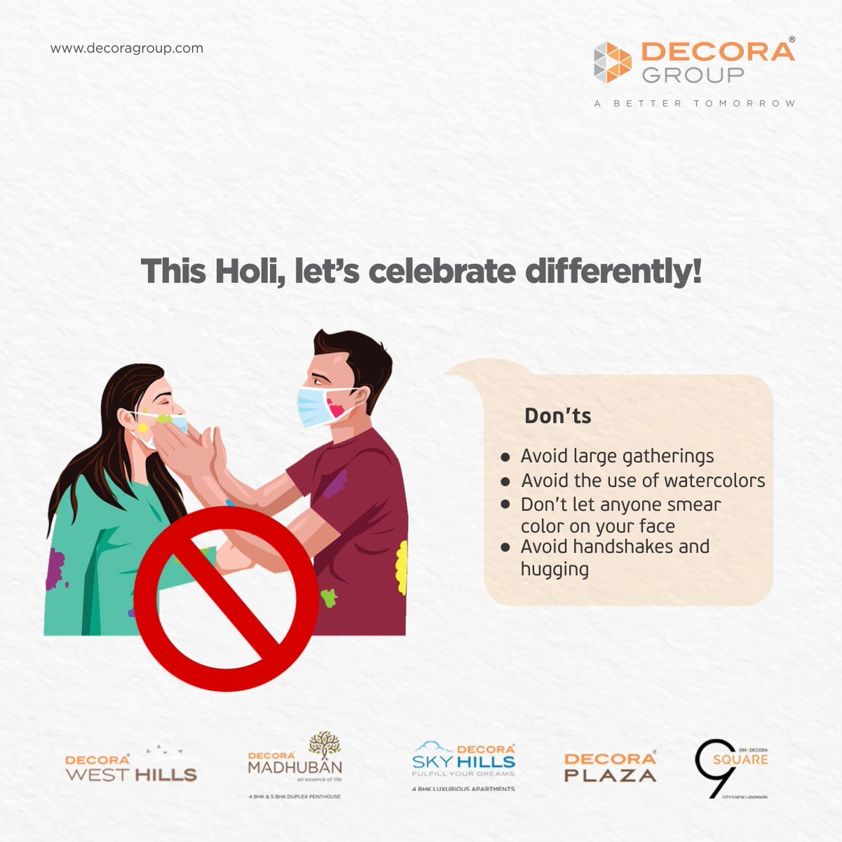 decoragrp's tweet photo. Here’s wishing you a Holi filled with sweet moments and colorful memories to cherish forever.
Happy Holi…!
#DecoraGroup #RealEstate #ABetterTomorrow  #Apartmens #Holi #HappyHoli #HoliFestival #FestivalOfColours #Holi2021 #ColourfulHoli #StayHomeStaySafe #Coronavirus #COVID19 https://t.co/enb6Fw0PK3