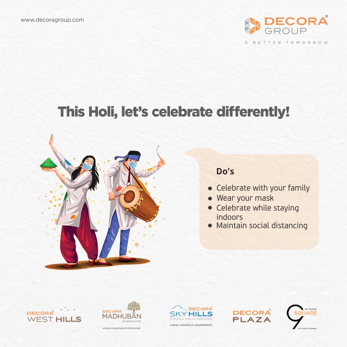decoragrp's tweet photo. Here’s wishing you a Holi filled with sweet moments and colorful memories to cherish forever.
Happy Holi…!
#DecoraGroup #RealEstate #ABetterTomorrow  #Apartmens #Holi #HappyHoli #HoliFestival #FestivalOfColours #Holi2021 #ColourfulHoli #StayHomeStaySafe #Coronavirus #COVID19 https://t.co/enb6Fw0PK3