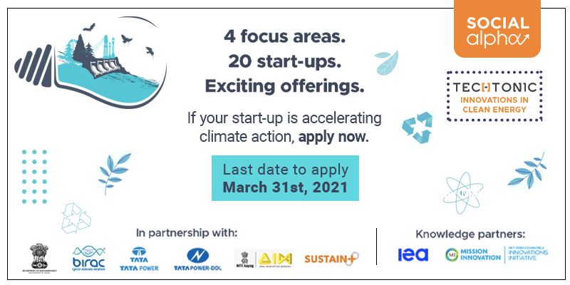 YourStoryCo's tweet photo. Just 1 day to go! Social Alpha’s ‘Techtonic- Innovations in Clean Energy’ challenge is looking for start-ups with disruptive and impactful clean energy solutions. Think you have the perfect pitch? Last date to apply is March 31.

https://t.co/LxIxRLIZZX

@SocialAlphaIN https://t.co/1ndwFYsWxa