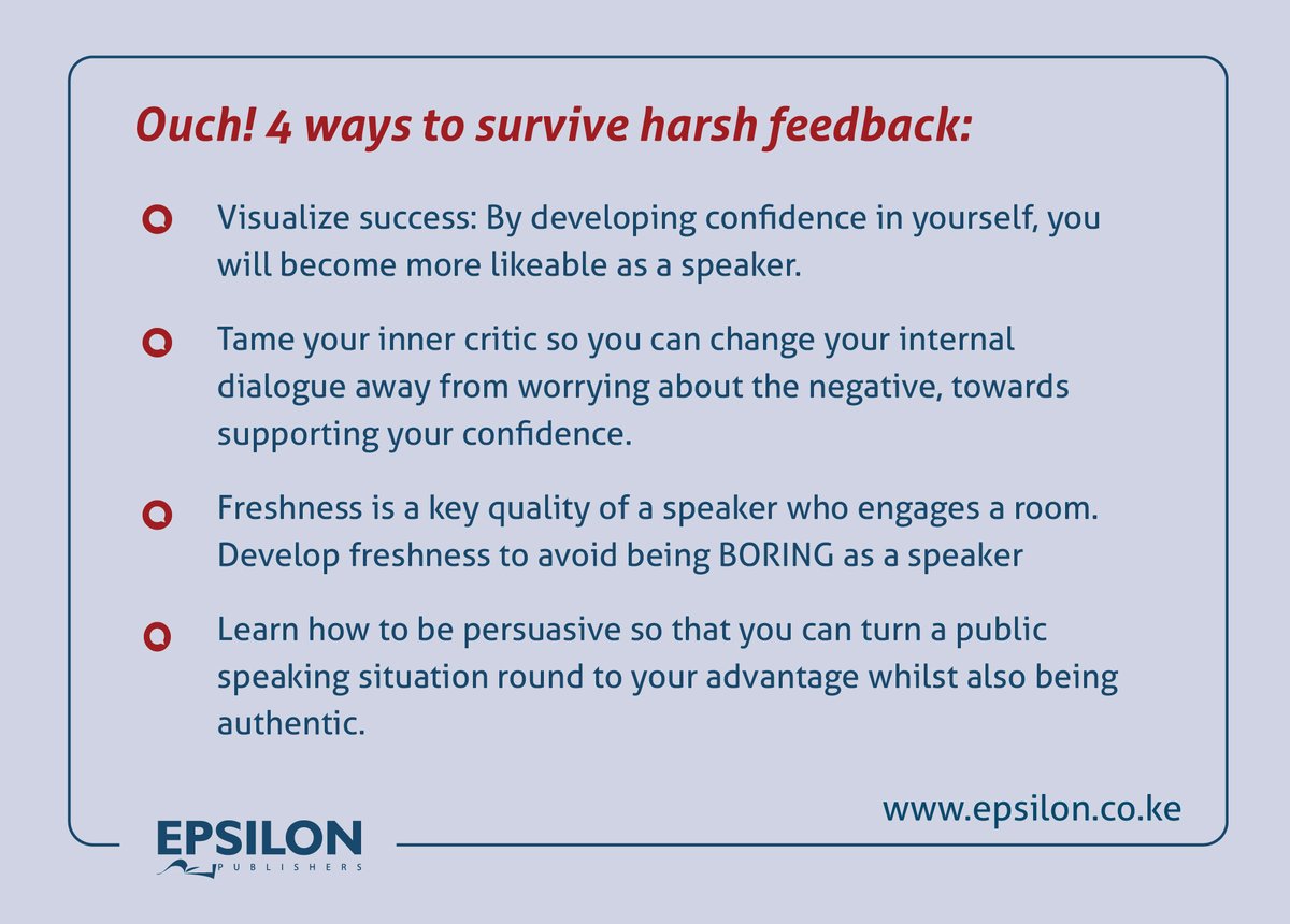 Epsilon_Africa's tweet photo. Constructive criticism can be tough to swallow, but here’s how to go about it. https://t.co/cvC83fALvj
#Tuesdayclass #NewKnowledge #Knowledge #Learn #Learner #publisher #author #writer #publishing #PublishingHouse #Reports #Magazines #Newsletters #Books https://t.co/UybyfYOuPX
