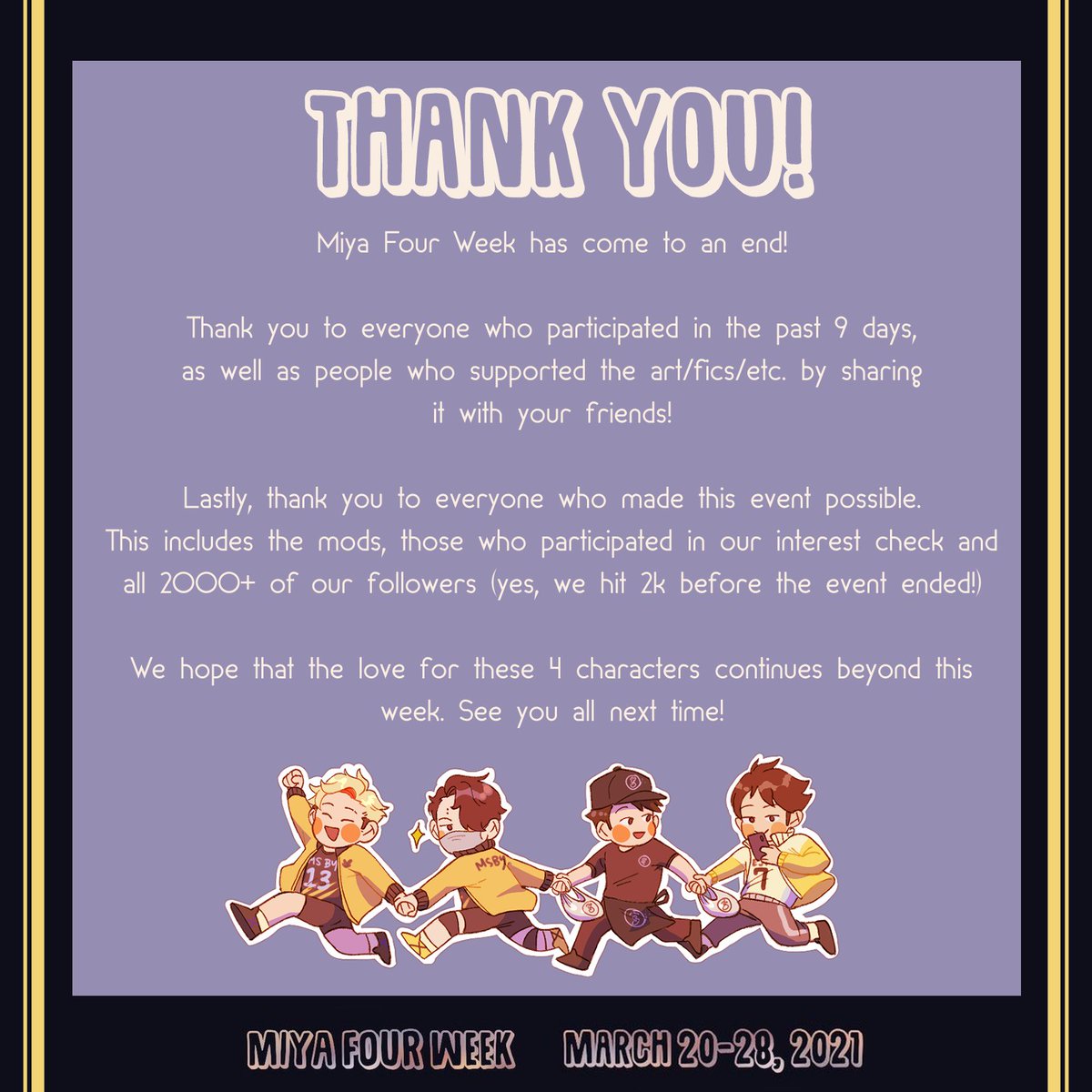 MiyaFourWeek's tweet photo. and..that's a wrap! Thank you for  celebrating 9 days of Miya Four Week with us. To all the creators, we award you a Kiyoomi sparkle for your efforts ✨ We are thankful to everyone who participated. Also, we're accepting late entries until April 11th so feel free to post more! 🥺 https://t.co/U3lOjZVQHy