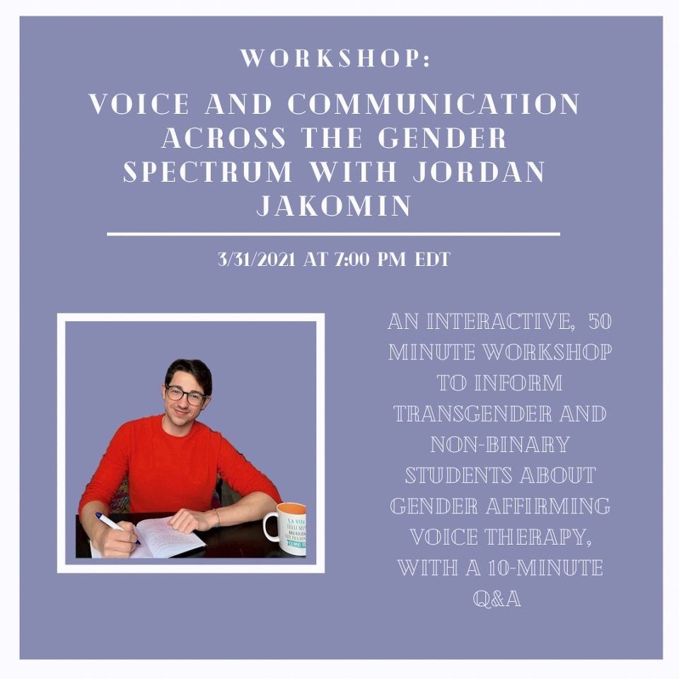 Join us in our workshop on Gender Affirming Voice Therapy with Jordan Jakomin this Wednesday at 7pm!! Visit our Linktree for the Zoom Link!!