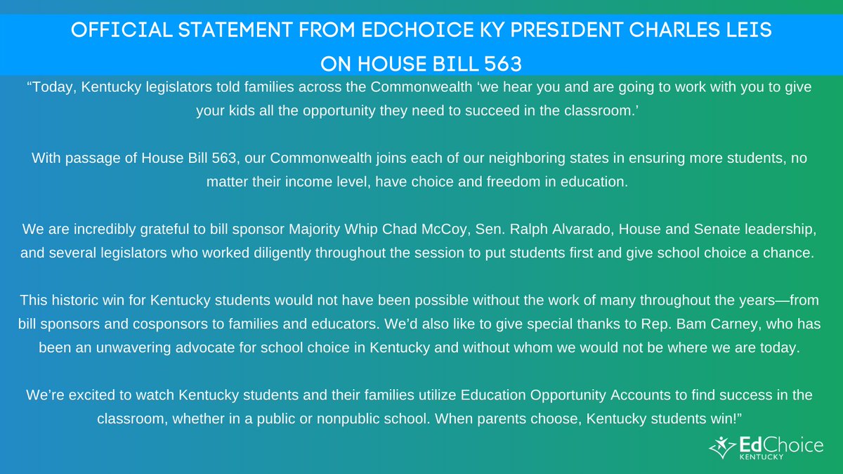 EdChoiceKY's tweet photo. Educational choice will now become law—what an historic day for Kentucky and a victory for Kentucky students and families! #HB563 #SchoolChoice #KYGA21 https://t.co/u6qYNFK5Rv