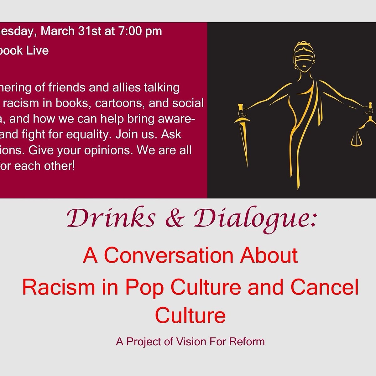 dgeis99's tweet photo. TWO DAYS!! Two days until the next Drinks & Dialogue!! Our topic is racism in pop culture and cancel culture. It's friends having fun, yet talking about important topics that affect us all! We would love for you to join us!
#visionforreform #drinksanddialogue #stopracism https://t.co/3it4opXcrW