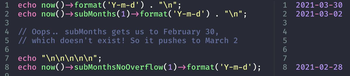 ⏰PHP devs! Today's the 30th day in a month when the prev month has 28 days. Have you checked your `$carbon-&gt;subMonths(1)` calls lately? They might not be doing what you expect.

🔥Carbon Tip: subMonths overflows "February 30th" so you end up w/March 2. Use subMonthsNoOverflow!
