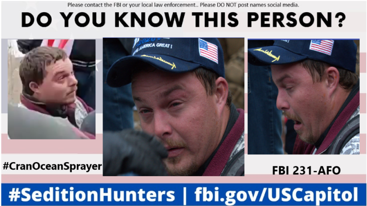 SeditionHunters's tweet photo. Please share across all platforms. Do you Know this person?? Please contact the 231-AFO Please do not post names on social media #CranOceanSprayer #DCRiots #CapitolRiots #MondayMotivaton https://t.co/BcX6QvJVve