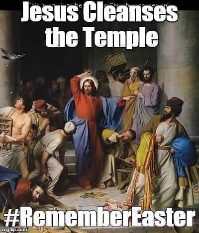 IslandPark2023's tweet photo. The Monday before Christ's death, he visited the temple and saw money-changing and other distasteful activities going on. Jesus cleansed the temple by chasing out the money-changers and used a whip to chase out the animals. #RememberEaster #EasterWeek #HolyWeek https://t.co/80TEFLj31K