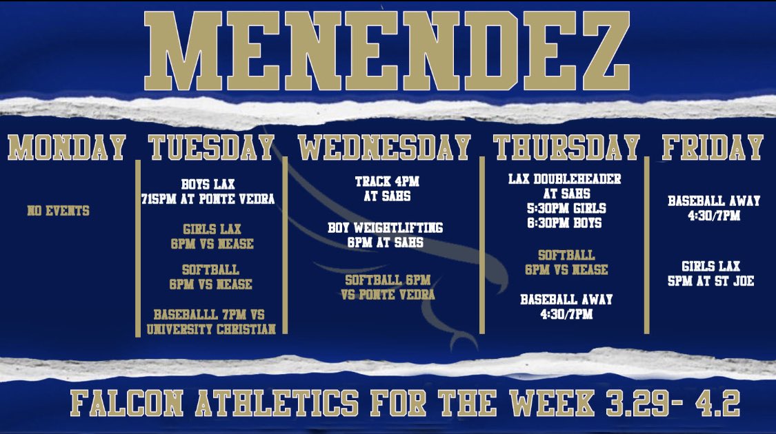 Menendez_Sports's tweet photo. FALCON WEEKLY ATHLETICS 3.29-4.2 https://t.co/h8r9cIQ4a0