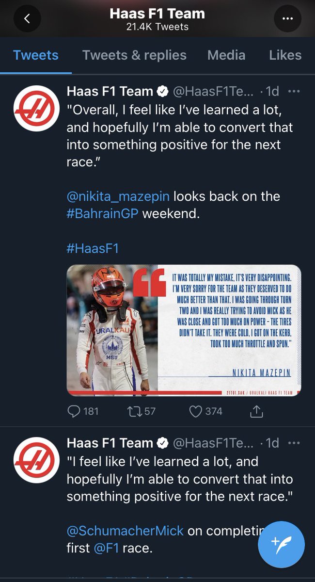 selfmaderacing's tweet photo. @HaasF1Team @nikita_mazepin @SchumacherMick Interesting that both drivers would say THE EXACT SAME THING. 🤖#prrobots #dobetter #thisisF1 https://t.co/iDujB7ERMb