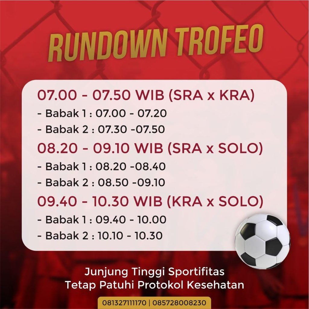 <a href="/BIGREDS_SOLO/">SOUL O' REDS</a> x <a href="/KOPITES_KRA/">KOPITES Karanganyar</a> x <a href="/LiverpoolSragen/">Kopites Sragen</a> 

Proudly present MINI TROFEO 

Hari/tgl : Minggu, 04 April 2021
Waktu : 07.00 WIB - till end
Tempat : Lap Sepakbola depan SMK Bina Taruna, Kr Anyar 

More info : 081327111170 085728008230

#bigredssolo #souloreds #ynwa