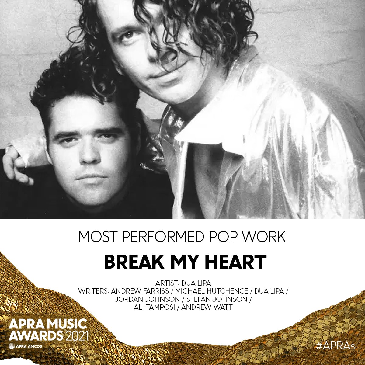 @INXS is the gift that keeps on giving! @Andrew_Farriss is nominated at the #APRAs for his credit on @DUALIPA's Break My Heart which samples the legendary Need You Tonight - congrats Andrew! @WarnerChappell @umusicpubau @bmgausnz @MushroomPublish