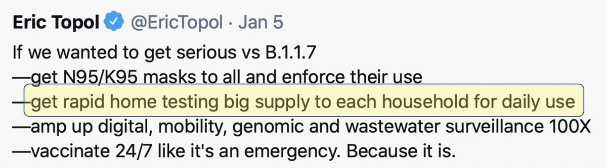 EricTopol's tweet photo. Besides vaccination and mitigation, rapid home antigen tests would be of enormous value to help fend off the B.1.1.7 strain impact. But the @US_FDA has done nothing to make a reality.
Posted Jan 5th
https://t.co/HIaDQkzrOn https://t.co/vzJydDghD8