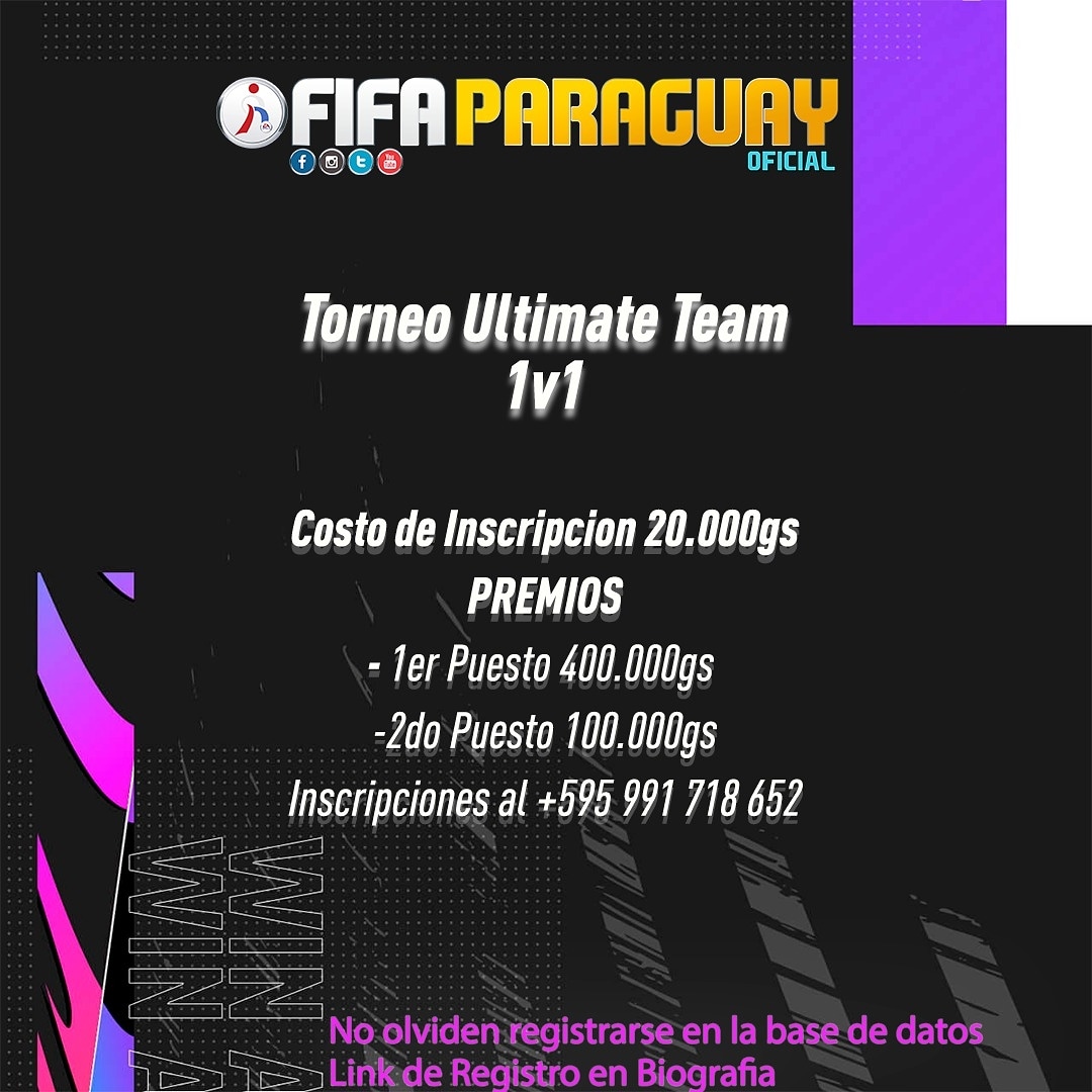 TORNEO FIFAPY UT 1v1 - ABRIL 2021

Costo de Inscripciones: 20.000 Gs.

PREMIOS
1er Puesto: 400.000 Gs.
2do Puesto: 100.000 Gs. 

CUENTA DE BANCO
Y
GIROS TIGO
0981690440 - Ronald Melgarejo

Inscripciones: wa.me/595991718652

Reglamento: bit.ly/FIFAPY-202104-…