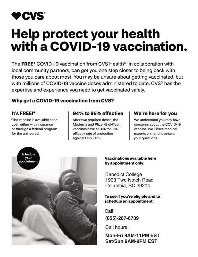 SteveBenjaminSC's tweet photo. Now that more @CityofColumbia citizens are qualified for #COVID19 vaccines, we have the great news that @AETNA &amp; @CVSHEALTH offer free vaccinations at new site at @BenedictEDU Center at 1903 Two Notch Road. Call (855) 287-6789 to easily make your reservation. https://t.co/wheWwZKgmW