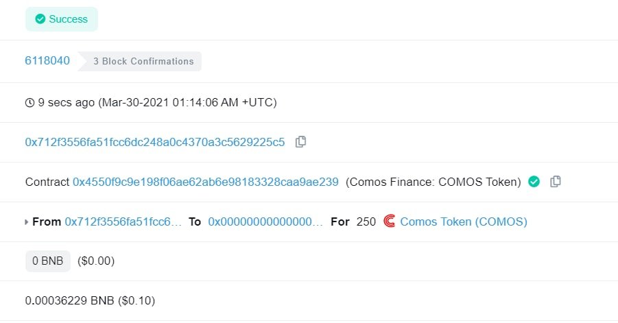 We just burned 250 COMOS (in Dev's wallet)
bscscan.com/tx/0x7507cc01c…
<a href="/ComosF/">Comos Finance</a> #YieldFarming #BinanceSmartChain #Bitcoin #BNB #DeFi #crypto #COMOS #Binance
