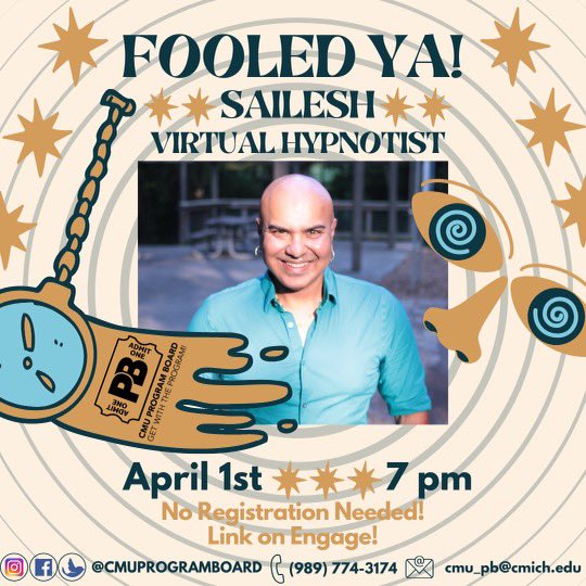 CMUProgramBoard's tweet photo. This Thursday at 7 p.m. Sailesh, a hypnotist, will be hosting a virtual show!!! There is no need to register for this event, link will can be found on the online location through Engage! He will also be focusing on mental health and wellness! Hope to see you there!! https://t.co/ywEyomZJQM