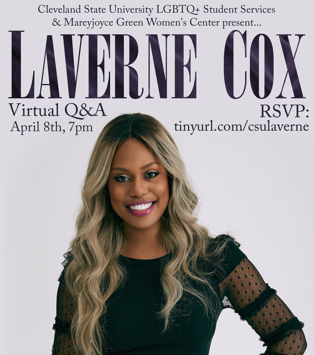 CSUWomensCenter's tweet photo. We are thrilled to announce that we will be zooming with *Laverne Cox* on April 8th @ 7PM in honor of Trans Day of Visibility and Women's History Month! 🏳️‍⚧️💪🏾
CSU students, faculty, and staff are invited to register for this very special event:
www.tinyurl/csulaverne https://t.co/UGd20t5GeT