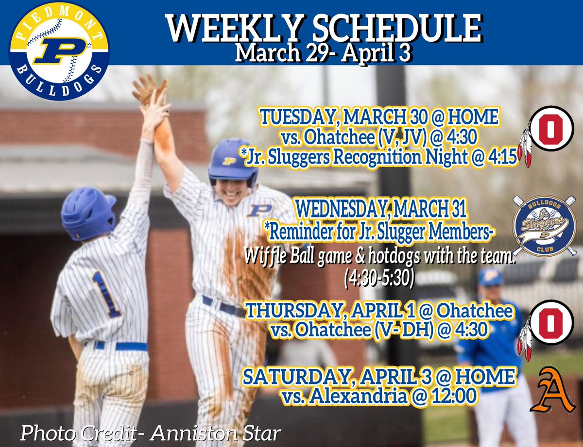 This week’s <a href="/PiedmontHS/">Piedmont High School 🎓</a> ⚾️ Schedule. Area play begins this week and lots of fun times for our <a href="/PiedmntMdSchool/">PiedmontMidSchool</a> <a href="/piedmontelem/">Piedmont Elementary School</a> Jr Sluggers Club! Come out &amp; support your Dogs! #GoDogs