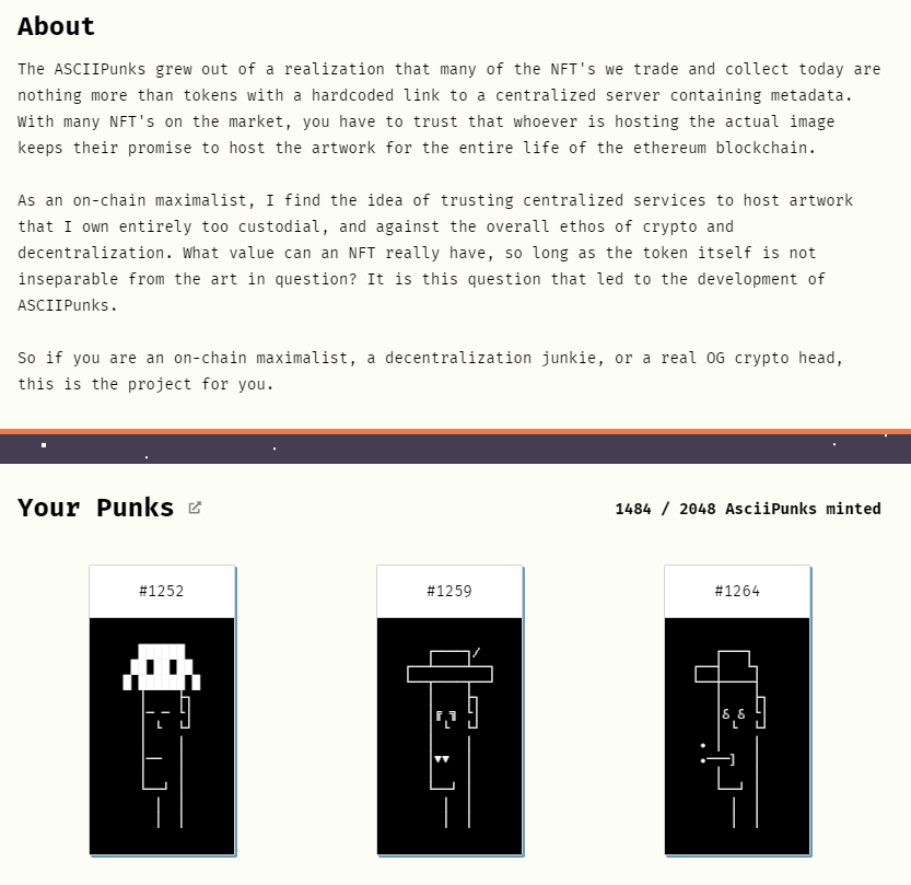 blazed_bison's tweet image. I have told myself no more new NFT projects every day for the last 2 weeks, yet...

#ASCIIPunks asciipunks.com

These dudes live entirely on-chain, no link to an ipfs for the art, and you select the seed number used to generate, one of mine is 420420420420 h/t @RAC