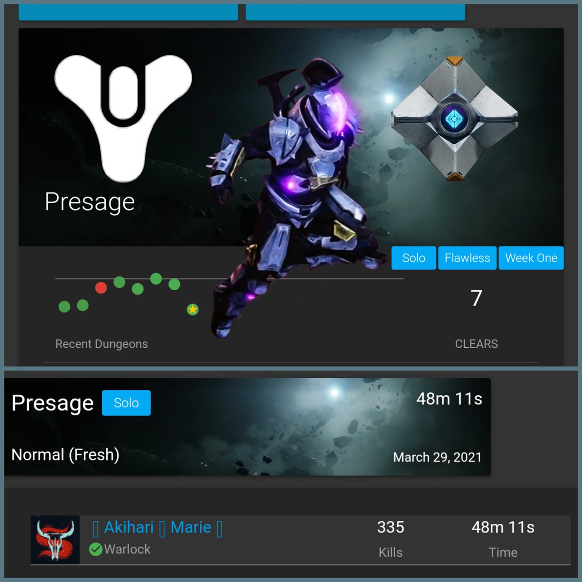 Akikebi's tweet photo. While waiting on a bud to get online to run some #GrandMasterNightfalls, I took a crack @ Presage Solo since I only had a bit to practice and uhh... Solo completed 😎

Next up: Solo Flawless 😏 https://t.co/574VZFxIrh