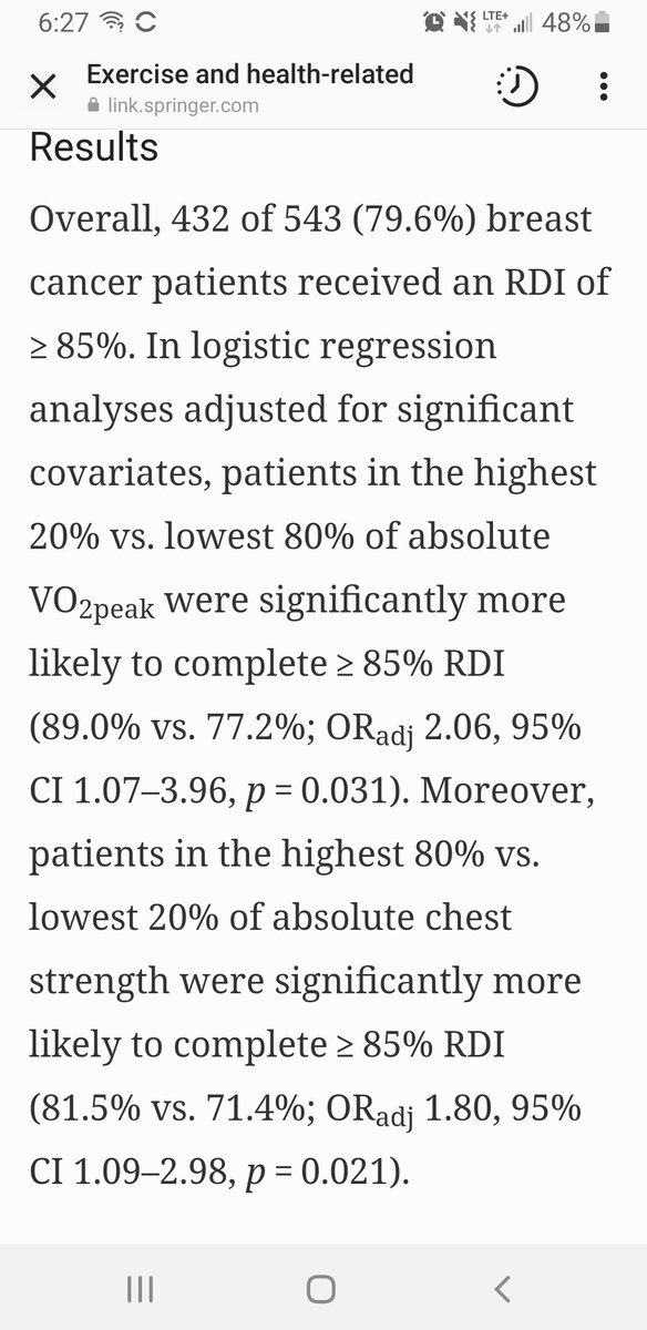 New! From Prof Kerry Courneya, Ki-Yong An, et al. 

START &amp; CARE trial results for predictors of chemo completion rates.

✴Higher starting VO2peak appears helpful

Clinical application: use pre-chemo window (&amp; during) to ⬆️ fitness

link.springer.com/article/10.100…

#exerciseoncology