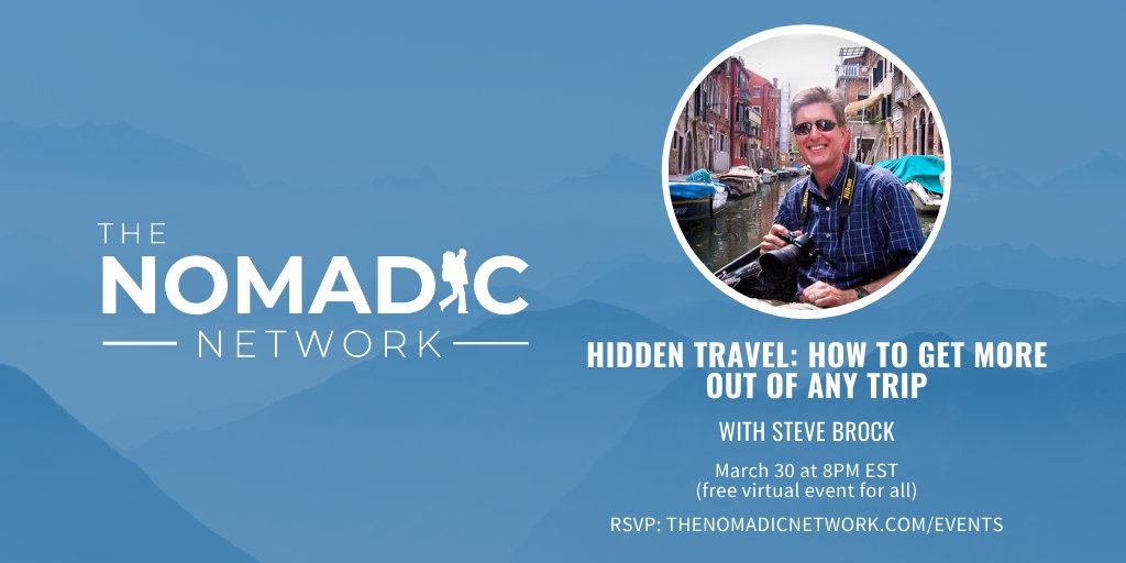 Come join me tomorrow (March 30) at 8 p.m. EST for a fun discussion on my new book Hidden Travel and how to get more (more joy, meaning, purpose, adventure, creativity...you name it) out of a trip. thenomadicnetwork.com/events/2021/03…