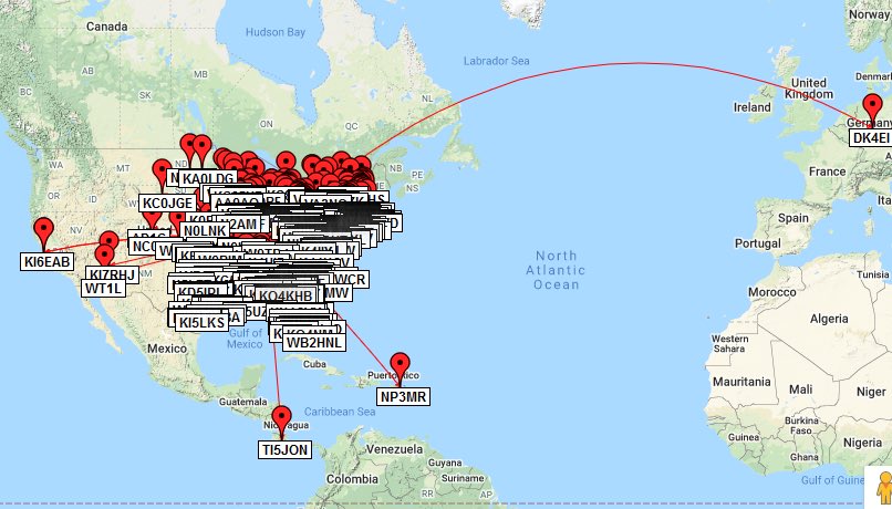 WB8United's tweet photo. QSO Map #qsomap from Lincoln State Park (K-2259) #POTA activation. Used FT 891 and the MFJ 1668 mobile screwdriver antenna. Tuned about 1.17 SWR. Got contacts coast to coast, Costa Rica ๐จ๐ท, Puerto Rico ๐ต๐ท, and Germany ๐ฉ๐ช! The 1668 is definitely some Mighty Fine Junk! ๐คฃ73! https://t.co/XCX6tWbLGA