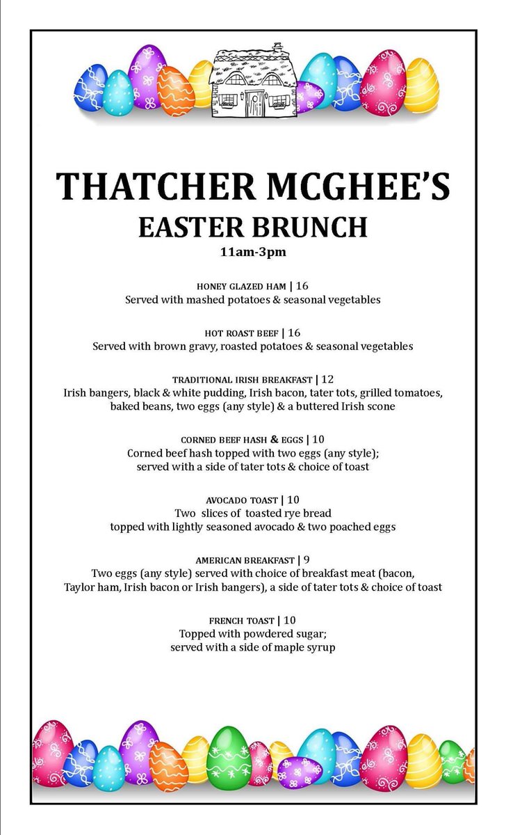 ThatchFairfield's tweet photo. Who could believe Easter is this Sunday!?!  We open at 11am serving our regular menu all day plus these additional Brunch specials!  No reservations this year; all tables will be first come first serve through the host.  We look forward to seeing you! https://t.co/sSDD8k2sTn