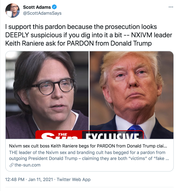 Local news video, Keith Raniere of NXIVM accused of committing statutory rape upon a 12-year-old girl. Police report is displayed at 1:45 @ScottAdamsSays advocated for Raniere to get a pardon