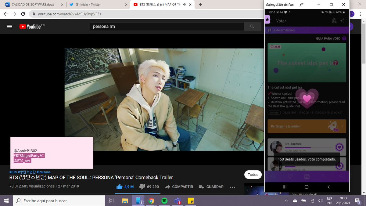 AnnieP1302's tweet photo. Dejando unos votos para Nam en Mubeat mientras escucho persona ☺️
#BTSNightPartyEC
@BTS_twt https://t.co/MP698KQDlb