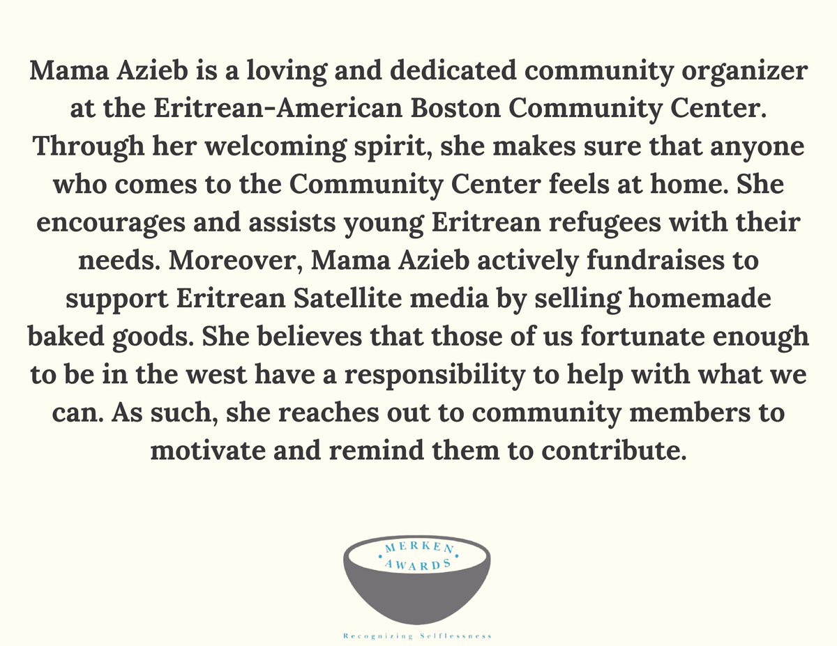 MerkenAwards's tweet photo. The #MerkenAwards - Spotlight for activists and community organizers goes out to Mama Azieb Haile for her compassionate, proactive and pragmatic actions to assist Eritrean communities.
#SundaySpotlight #Eritrea #WeAreComingHome #Yiakl https://t.co/6y6Hmw8iFc