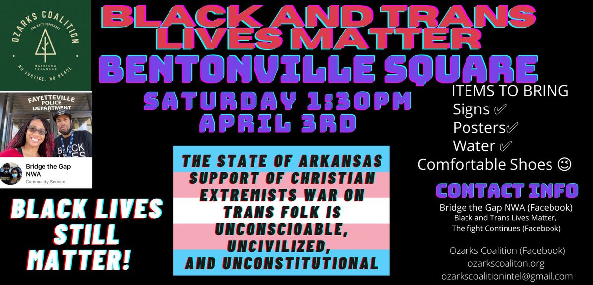 drunkenny1's tweet photo. 🚨 NWA folks! We've got to get out and stand against these anti-Trans laws that the #arleg is passing. Join us on the Bentonville Square on Saturday. We need as many people out there as possible to show that we stand with our LGBTQ+ neighbors! 🚨 https://t.co/3NaOahzFIH