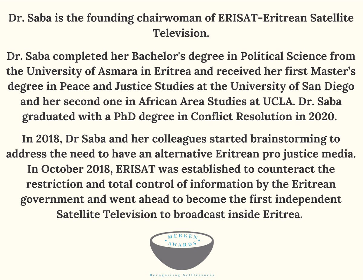 MerkenAwards's tweet photo. The #MerkenAwards - Spotlight for Social Entrepreneurs goes out to Dr. Saba Tesfayohannes, for her pioneer role in filling the gap that was sorely missing in the Pro justice Eritrean TV Satellite Sphere.
#SundaySpotlight #Eritrea #WeAreComingHome #Yiakl https://t.co/iI6nF4Lns4