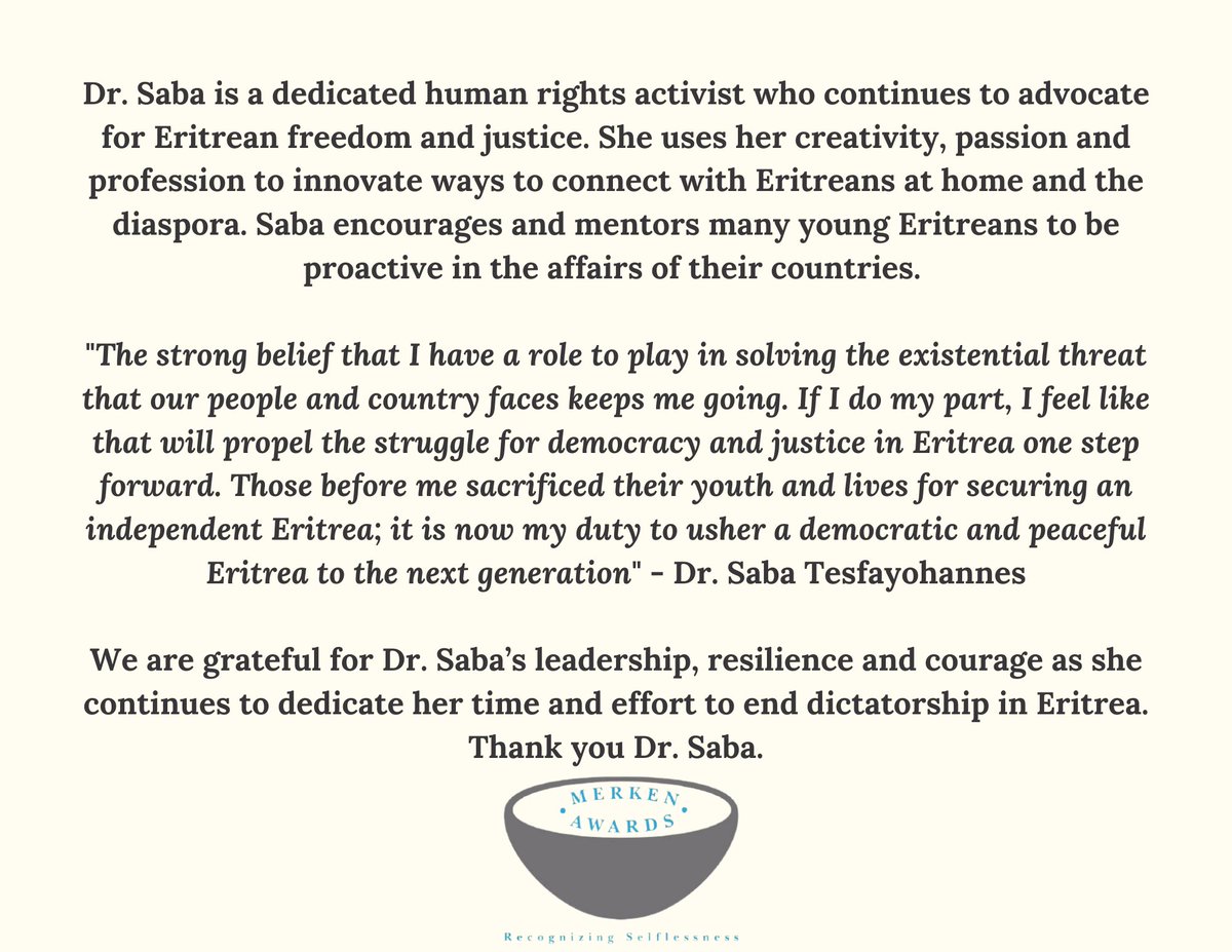 MerkenAwards's tweet photo. The #MerkenAwards - Spotlight for Social Entrepreneurs goes out to Dr. Saba Tesfayohannes, for her pioneer role in filling the gap that was sorely missing in the Pro justice Eritrean TV Satellite Sphere.
#SundaySpotlight #Eritrea #WeAreComingHome #Yiakl https://t.co/iI6nF4Lns4