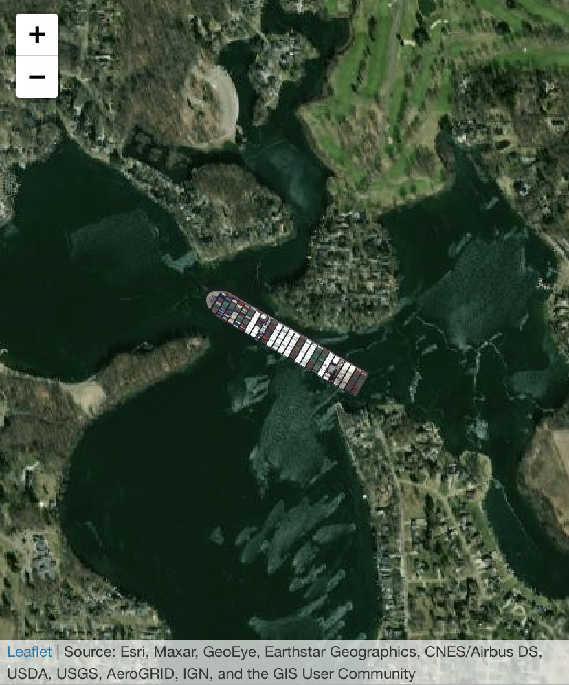 SSYCAkron's tweet photo. If EverGiven, the ship that was stuck in the Suez Canal, visited Portage Lakes, it would block entry into Turkeyfoot Lake, extending from Mosquito Point to the Statue of Liberty, or the entire length of the Iron Channel, or cross Rex Lake from Craftsman’s Park to the other side. https://t.co/GNzZo5opu0