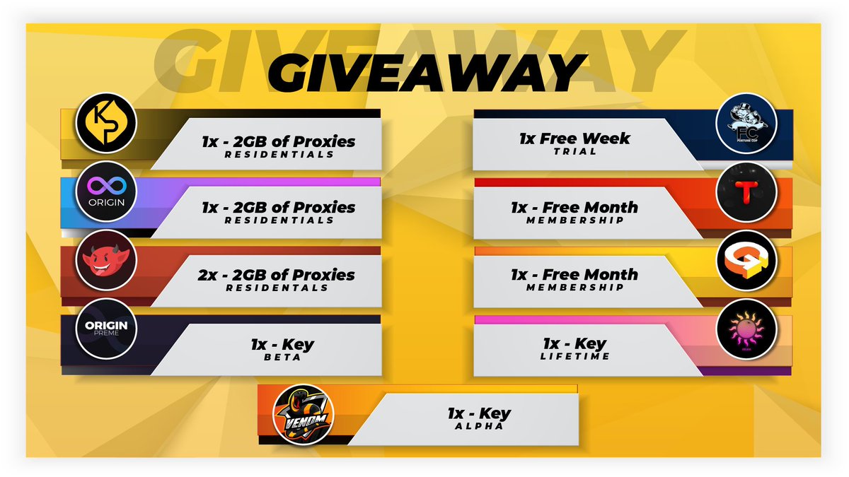 KryptoProxies's tweet photo. Giveaway Time!🥳

1x 2GB Resi @KryptoProxies
1x Week @fortunecop
1x 2GB Resi @OriginProxies
1x Month @trvckr
2x 2GB Resi @dangerproxies
1x Month @gumpboyfnf
1x Beta🔑 @OriginPreme
1x LT🔑 @heliosACO
1x Alpha🔑 @VenomAIObot 

🚨Enter:🚨
• Follow ALL🔔
• Like &amp; RT❤️♻️
• Tag 2👥 https://t.co/oZYK11qiRe