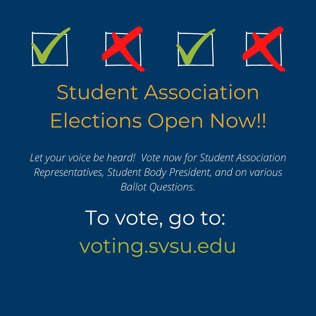 Voting has gone live! Use voting.svsu.edu or the link in our bio to vote for President, Representatives, and the given Ballot Questions. Say YES to Progress! ✅