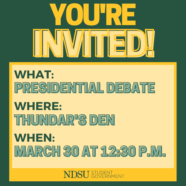 NDSU_StudentGov's tweet photo. TOMORROW! You're invited (and encouraged) to attend the Presidential Candidate Debate held in Thundar's Den at 12:30 p.m. This is a great opportunity to familiarize yourself with the platforms on the ticket to make an informed vote! 🤩 https://t.co/NnnqttYzyJ