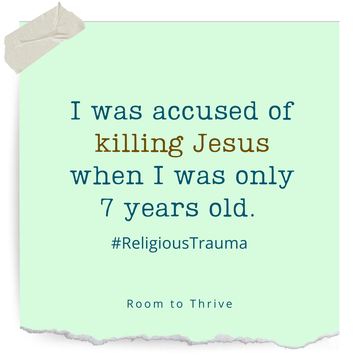 RoomToThrive's tweet photo. I was accused of killing Jesus when I was only 7 years old.

I still remember the guilt, the shame, the confusion. How was it that my benign childhood behavior was implicated in the murder of an adult I had never met? https://t.co/j88T6s5udg