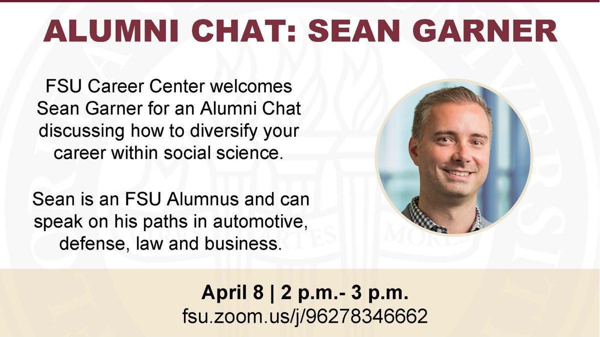 FSUCOSSPP's tweet photo. π Thursday, April 8 - The @FSUCareerCenter welcomes @FSUPoliSci #COSSPP alum Sean Garner for an alumni chat. Sean has worked overseas as a JAG Officer in the USAF, as an attorney w/ the Dept. of Corrections, and in multiple management roles with Tyson Foods & General Motors. https://t.co/GDIkO7MR9q