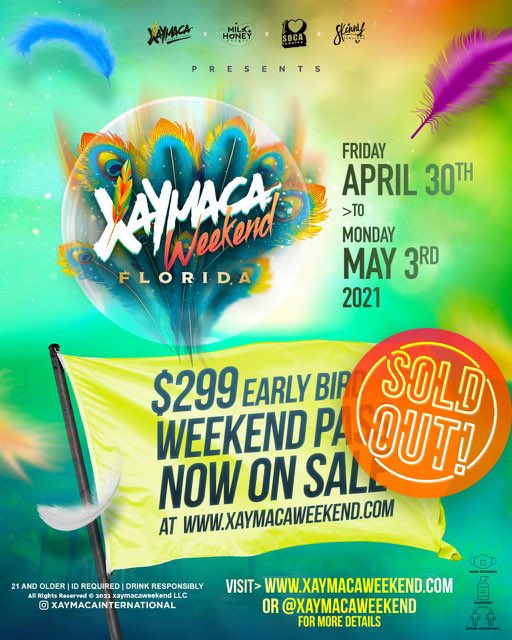 xaymacaintl's tweet photo. EARLY BIRD WEEKEND TICKETS SOLD OUT❗️
.
But don’t worry, REGULAR TICKETS COMING SOON.🙌🏾
.
XAYMACA WEEKEND
‘SOUTH FLORIDA’
FRIDAY APRIL 30 - MONDAY MAY 3, 2021 
.
#XaymacaWeekend2021
#XaymacaFlorida ☀️🌴 https://t.co/gObCPThc9m