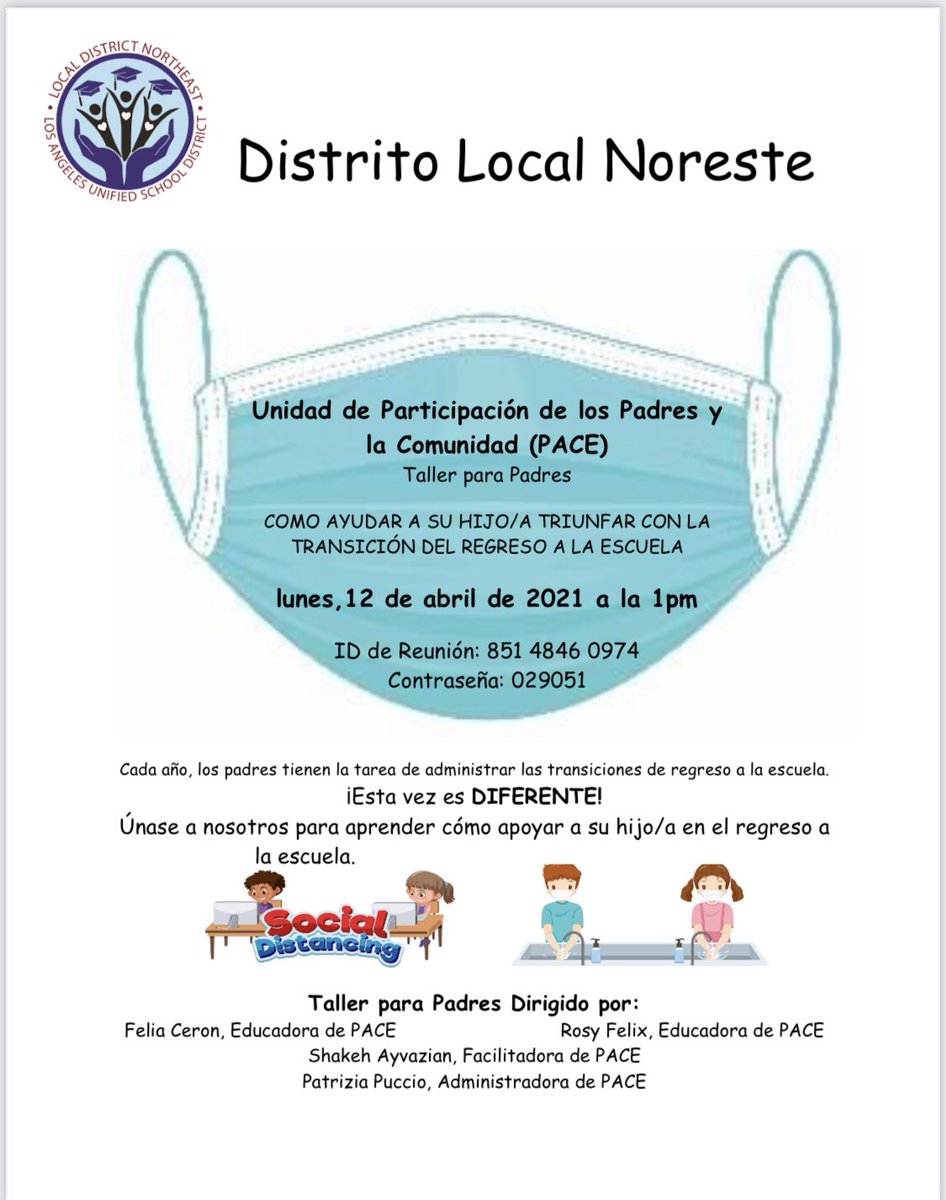 LDNESchools's tweet photo. Únase a nosotros para un taller para padres el 12 de abril sobre cómo ayudar a su hijo a tener éxito en la transición de regreso a la escuela. @Kelly4LASchools @ScottAtLAUSD https://t.co/piUsVhvuzF