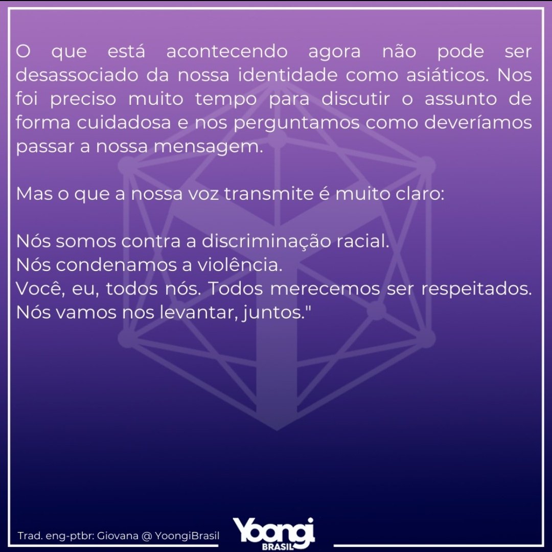 YoongiBrasil's tweet image. TRANS | 2021.03.29 - Posicionamento do @BTS_twt sobre o movimento #StopAsianHate 

“ Sofremos preconceito sem nenhuma razão e fomos motivo de piada, apenas por causa da nossa aparência. 
Até nos perguntaram "por que asiáticos estavam falando em inglês?" ”

#StopAAPIHate